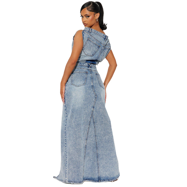 Women's Fashion Retro Denim Casual Denim Skirt Suit-Suits & Sets-Zishirts