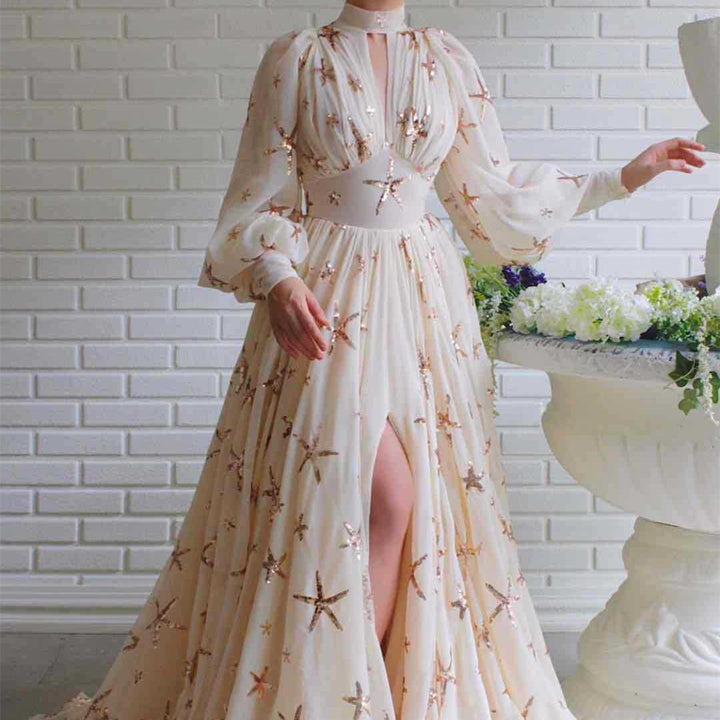 Women's Graceful And Fashionable Half Turtleneck Sequined Slit Lantern Sleeve Dress-Lady Dresses-Zishirts