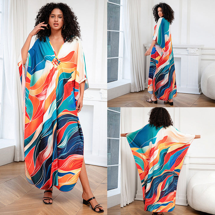 Print Holiday Loose Plus Size Robe Beach Cover-up Dress-Womens 2024 March-Zishirts