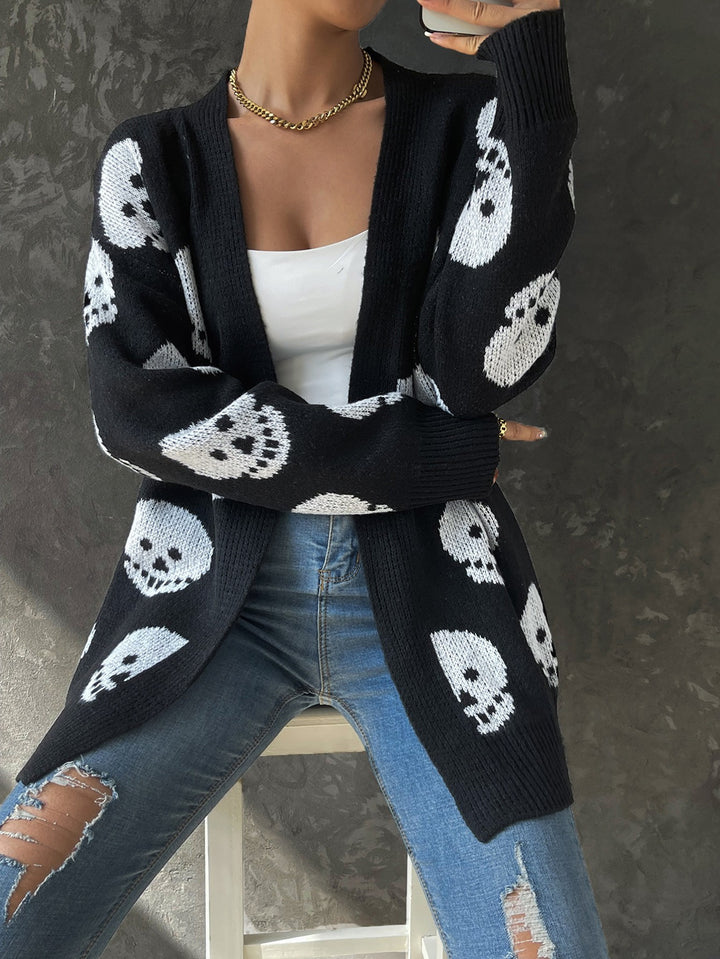 Women's Fashion Casual Halloween Skull Jacquard Knitted Long Sleeve Cardigan-Sweaters-Zishirts