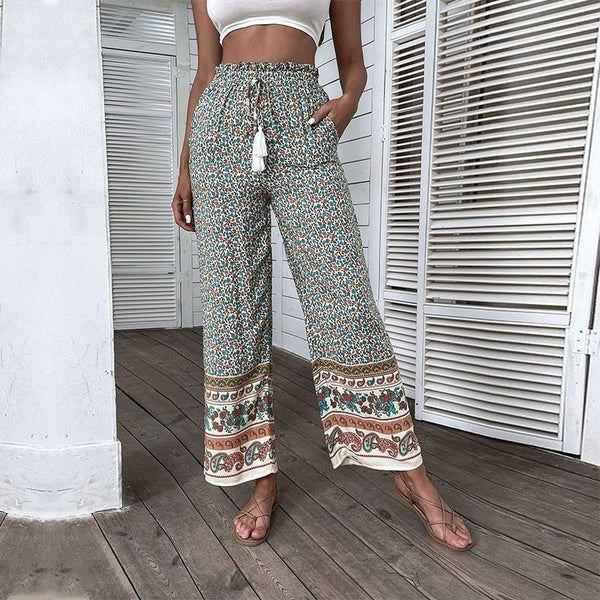 New Retro Women's Green Printing Loose Wide-leg Pants-Suits & Sets-Zishirts