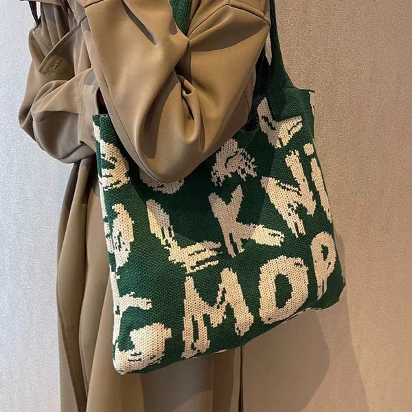 Letter Printed Knit Bag Fashion Shopping Shoulder Bag Large Capacity Handbag-Women's Bags-Zishirts