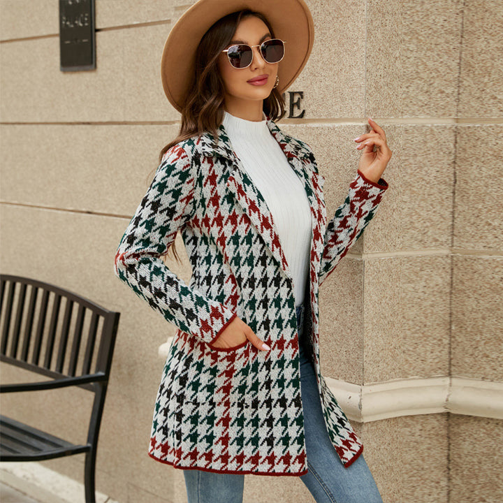 Long Sweater Contrast Houndstooth Knit Cardigan Trench Coat-Jackets-Zishirts