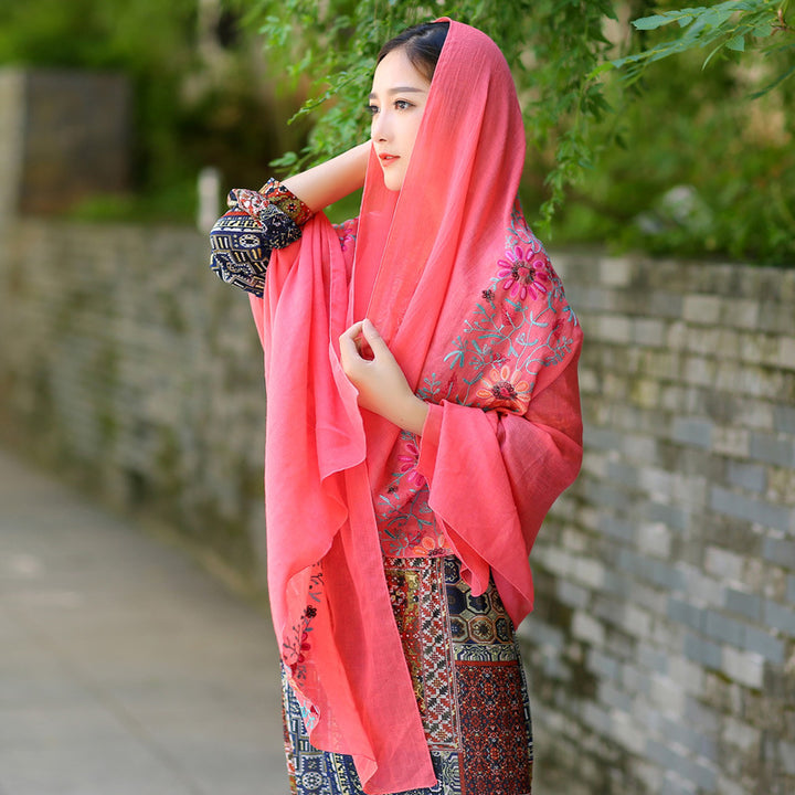 Ethnic Style Embroidered Floral Scarf Shawl Sunscreen Silk Female-Scarves & Wraps-Zishirts