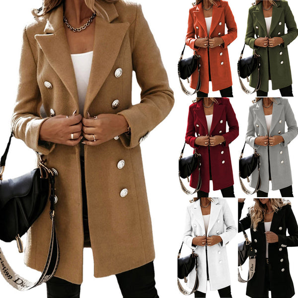 Fashion Turndown Collar Jacket For Women Autumn Winter Long-sleeved Double-breasted Woolen Coat-Jackets-Zishirts