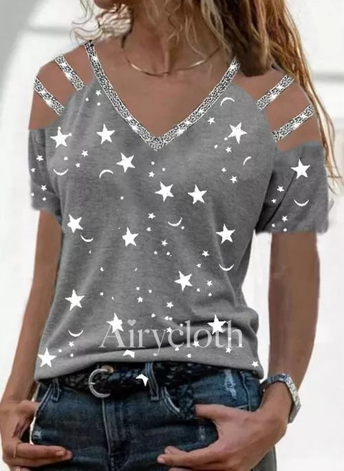 Summer Printed V-neck Multi-color Women's T-shirt-Blouses & Shirts-Zishirts