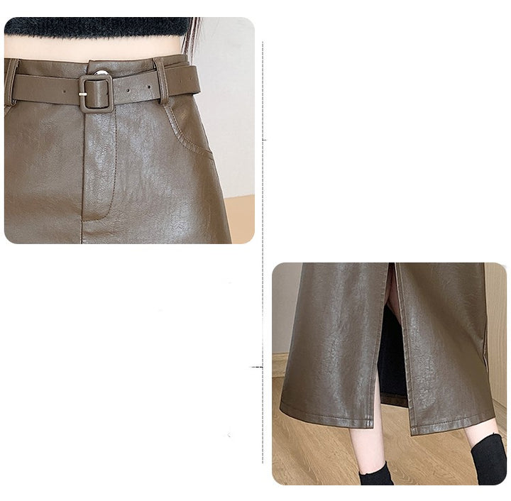 Coffee Colored High Waisted PU Leather Skirt For Women-Women's Outerwear 2023-Zishirts