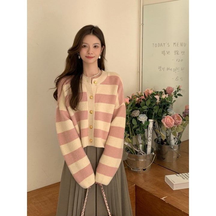 Women's Fashionable Loose Contrast Color Striped Round Neck Cardigan Jacket-Women's Outerwear 2023-Zishirts