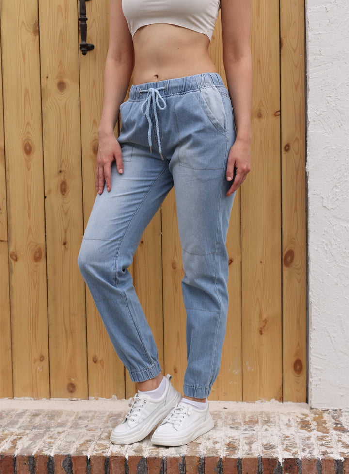 Casual Jeans Light Blue Elastic Waist String Trousers-Woman Jeans-Zishirts