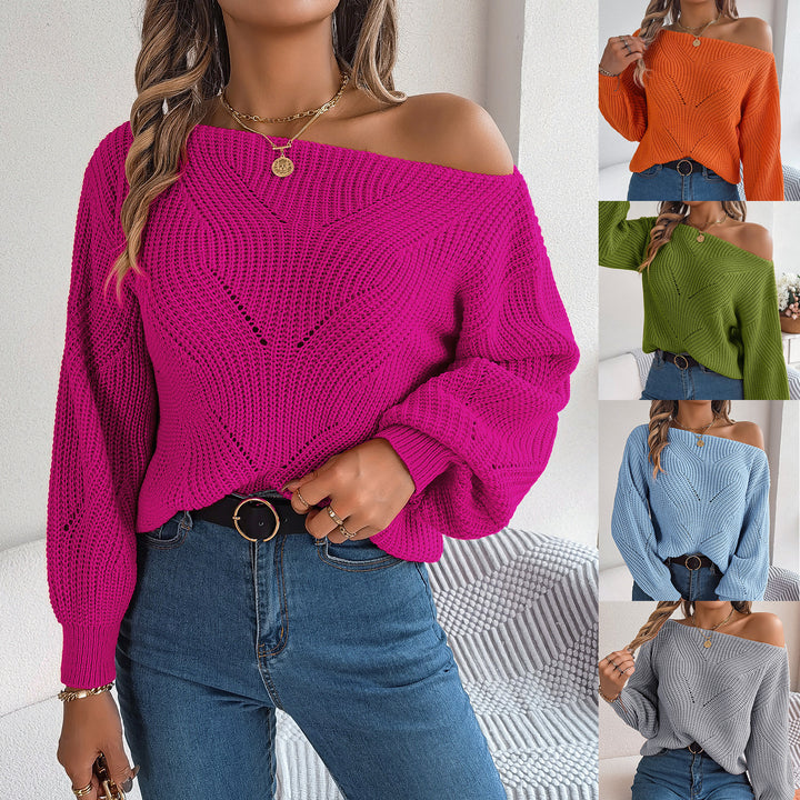 Casual Hollow-out Off-neck Off-the-shoulder Lantern Sleeve Sweater-Women's Outerwear 2023-Zishirts