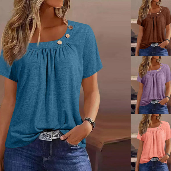 Loose Solid Color Round Neck Button Pleated Short Sleeves T-shirt-Blouses & Shirts-Zishirts