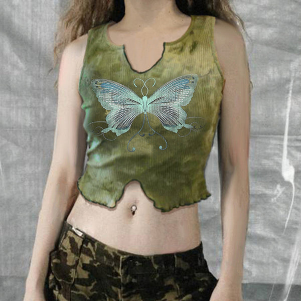 Butterfly Print Contrast Color Small U-neck Short Vest-Blouses & Shirts-Zishirts