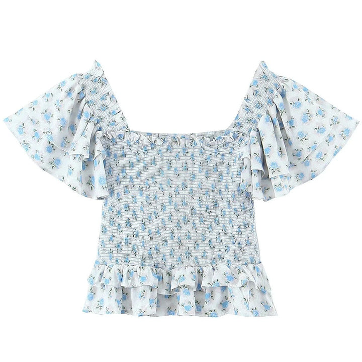 Flounced Sleeve Ruffled Blue Floral Elastic Top And Skirt Suit-Womens 2024 March-Zishirts