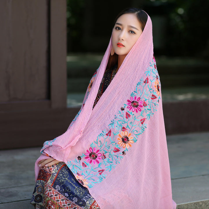 Ethnic Style Embroidered Floral Scarf Shawl Sunscreen Silk Female-Scarves & Wraps-Zishirts