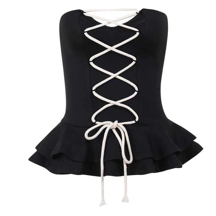 Solid Color Slim Fit Fashion Cotton String Cross Waist Girdling Band Tube Top-Blouses & Shirts-Zishirts