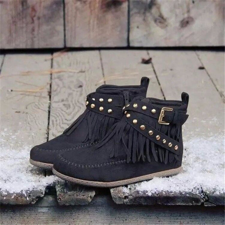 Retro Ankle Boots With Rivet Tassel Flat Shoes Women Winter Boots-Womens Footwear-Zishirts