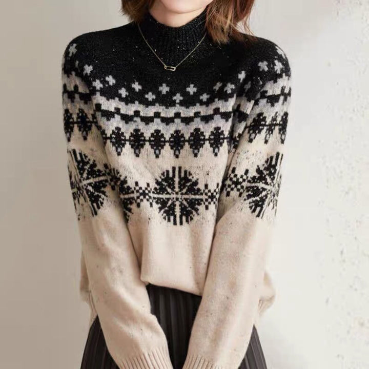 Autumn And Winter Spring New Half Turtleneck Knitted Snowflake Retro Loose Sweater-Jackets-Zishirts