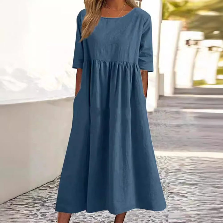 Spring And Summer New Round Neck 5-point Sleeve Plus Size Casual Loose Long Solid Color Cotton And Linen Dress-Womens 2024 March-Zishirts