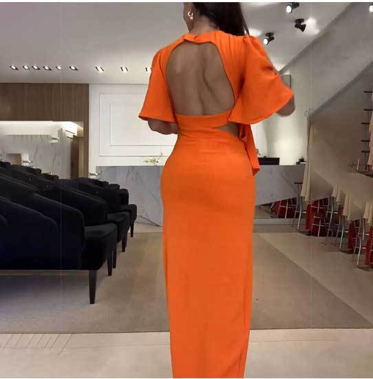 Women's Round Neck Backless Waist Trimming Dress-Women's Outerwear 2023-Zishirts