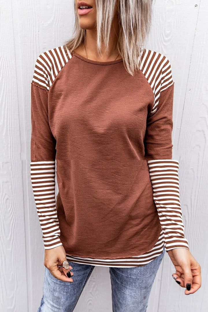 Round Neck Patchwork Stripes Loose Women's Long Sleeve-Women's Outerwear 2023-Zishirts