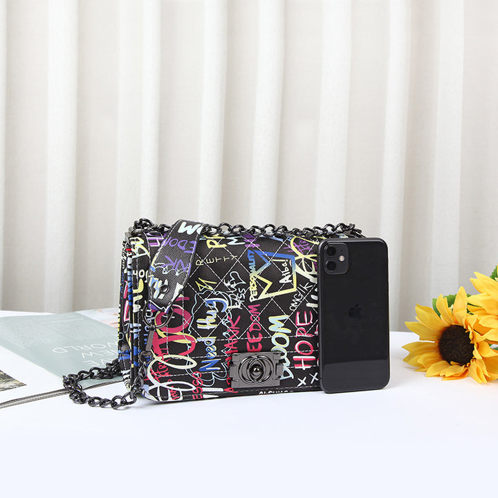 Fashion Printed Letter Graffiti Bag Diamond Chain-Women's Bags-Zishirts