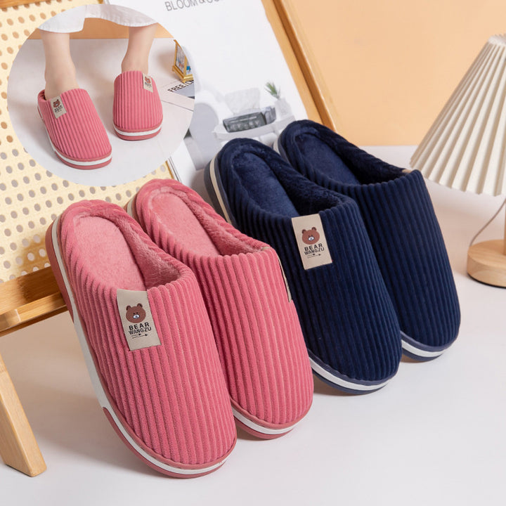 Solid Color Striped Slippers For Women Thick-soled Anti-slip Indoor Warm Plush Home Shoes Couple Women Men Slipper Winter-Womens Footwear-Zishirts