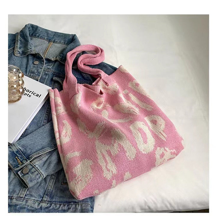 Letter Printed Knit Bag Fashion Shopping Shoulder Bag Large Capacity Handbag-Women's Bags-Zishirts