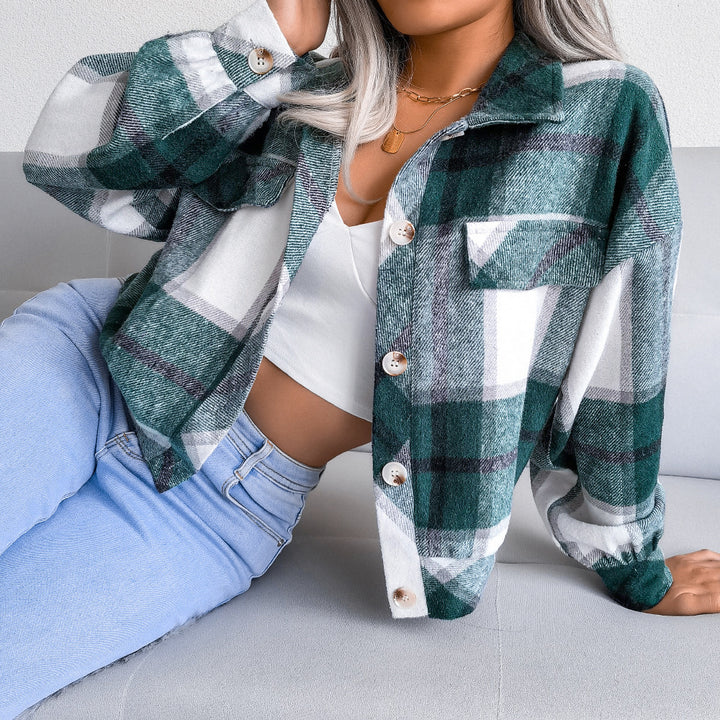 Plaid Lapel Cropped Jacket Fashion Loose Button Long Sleeve Short Outwear Tops Coat For Womens Clothing-Jackets-Zishirts