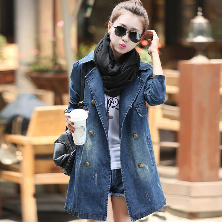 Denim Jacket Women's Mid-length Casual Double-breasted-Jackets-Zishirts