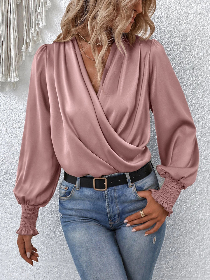 Women's Elegant Women's V-neck Lantern Sleeve Style Solid Color Shirt-Blouses & Shirts-Zishirts