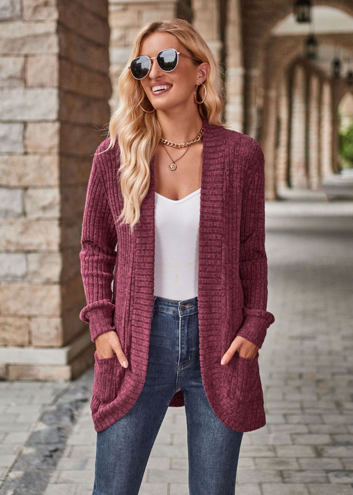 Solid Color Rib Fabric Sanding Casual Patchwork Long Sleeve Cardigan Jacket-Jackets-Zishirts