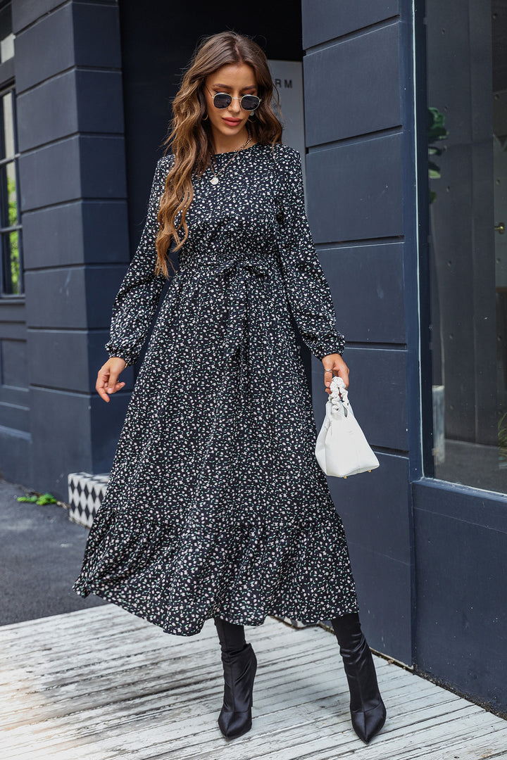 Women's Floral Commuter Round Neck Tied Dress-Lady Dresses-Zishirts