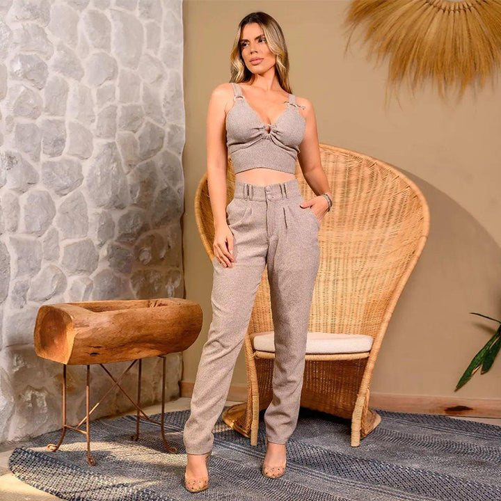 Women's Fashion Casual Solid Color Hollow Camisole Wide Leg Pants Suit-Suits & Sets-Zishirts