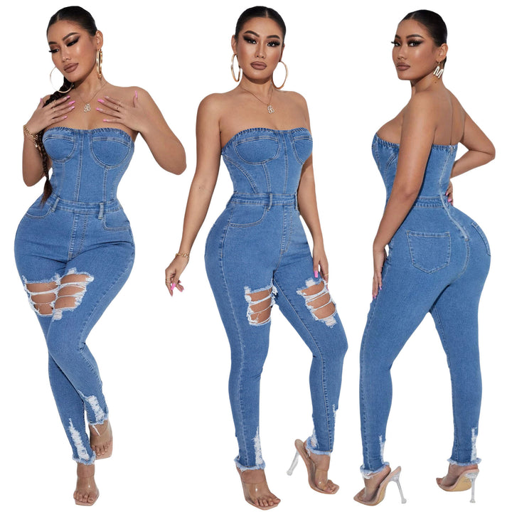 Women's Tube Top Slim Fit Denim Jumpsuit-Women's Outerwear 2023-Zishirts