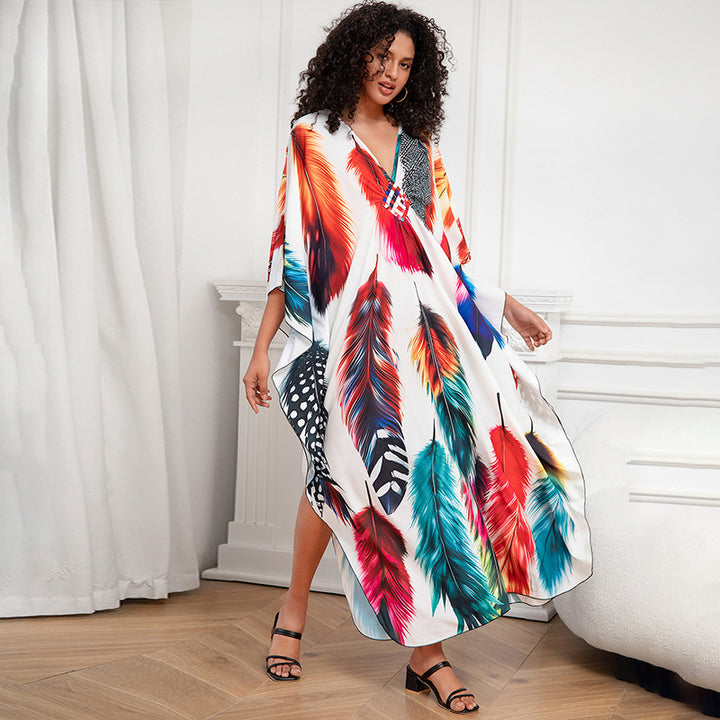 Print Holiday Loose Plus Size Robe Beach Cover-up Dress-Womens 2024 March-Zishirts