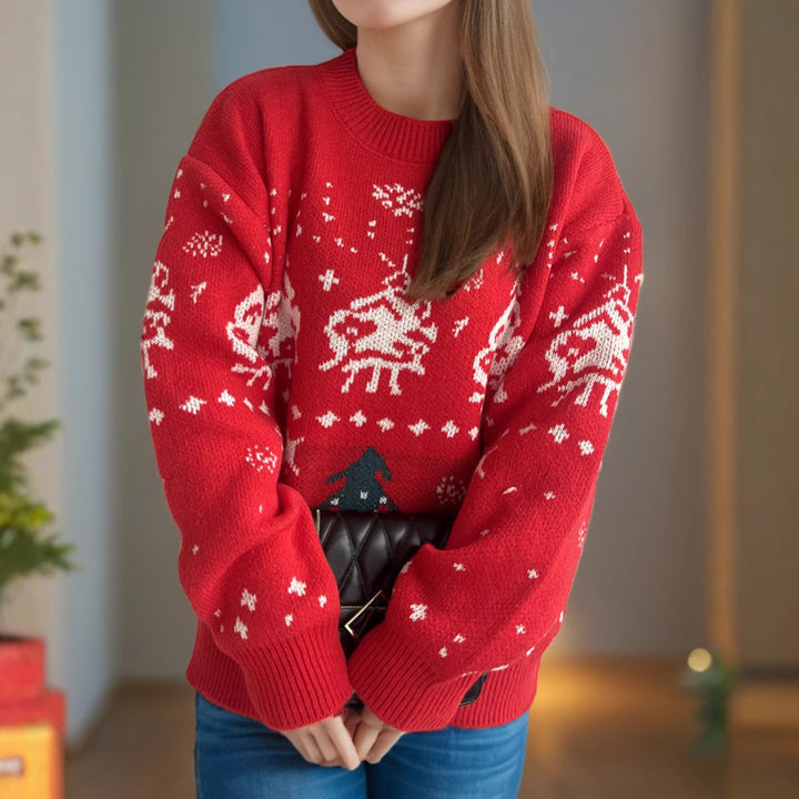 Christmas Red Sweater Women Jacquard Pullover Knitted Sweater-Sweaters-Zishirts