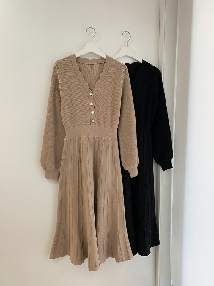 Waist-tight Slimming V-neckline Long Sleeve Mid-length Sweater Dress-Lady Dresses-Zishirts