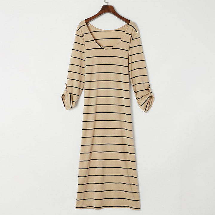 Long Sleeve Striped Printed All-matching Casual Style Pullover Dress-Lady Dresses-Zishirts