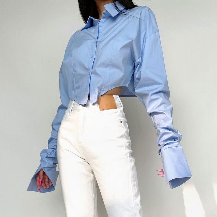 Women's Design Sense Niche Lapel Long Sleeve Short Cinched Blouse-Blouses & Shirts-Zishirts