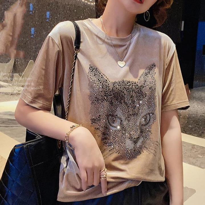 Cat Head Rhinestone Customized Velvet Short Sleeve-Blouses & Shirts-Zishirts