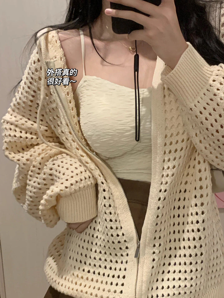Women's Hollow-out Design Hooded Outwear Blouse Knitted Cardigan-Sweaters-Zishirts