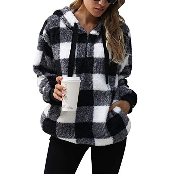 Fashion Plaid Hooded Sweatshirt With Pockets Casual Zipper Plush Tops For Womens Clothing-Jackets-Zishirts