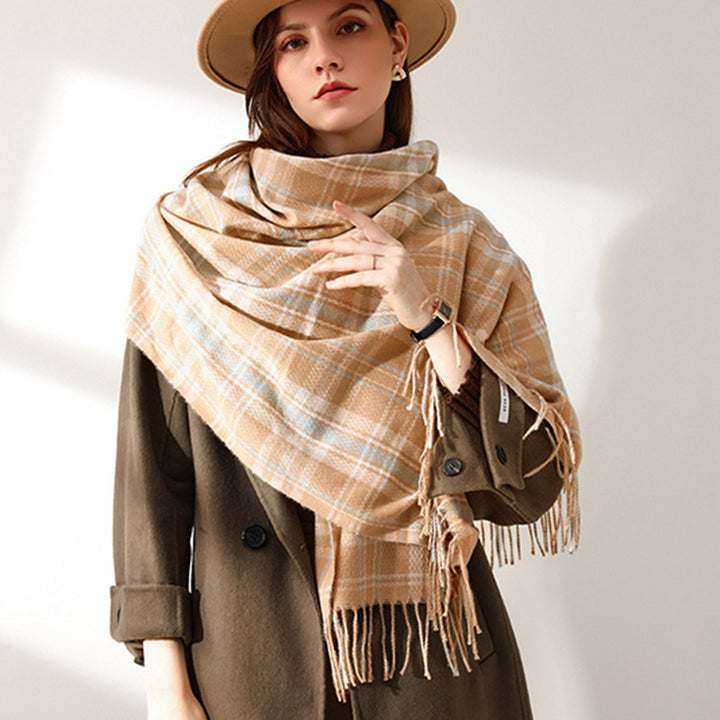 Women's Fashionable Plaid Printed Tassel Shawl Warm Scarf-Scarves & Wraps-Zishirts