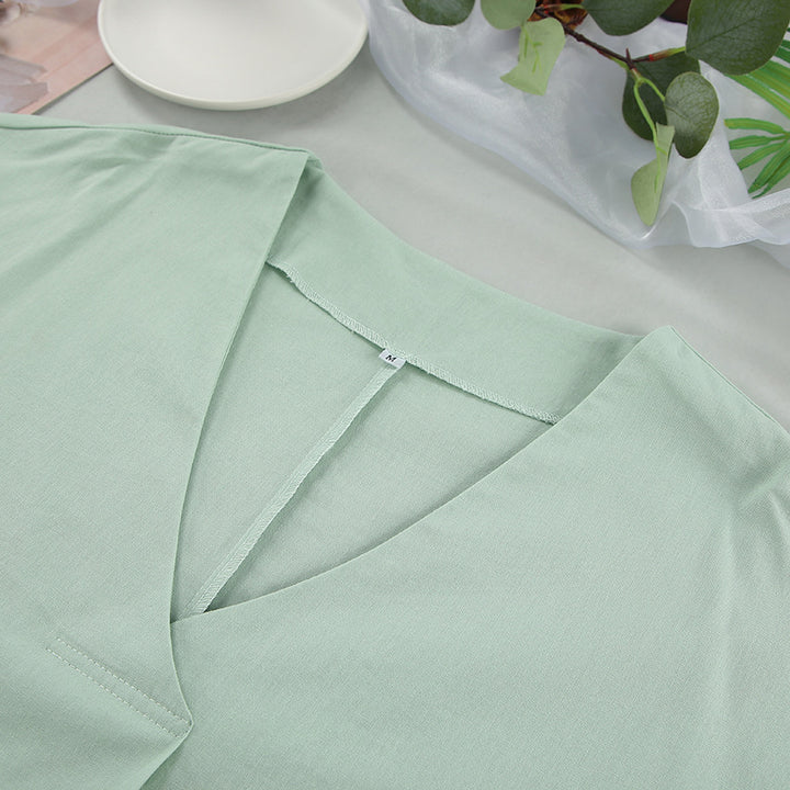 Green Pure Cotton Fashionable Skin-friendly Breathable Outer Long Sleeve Shorts Pajamas Two-piece Set-Suits & Sets-Zishirts