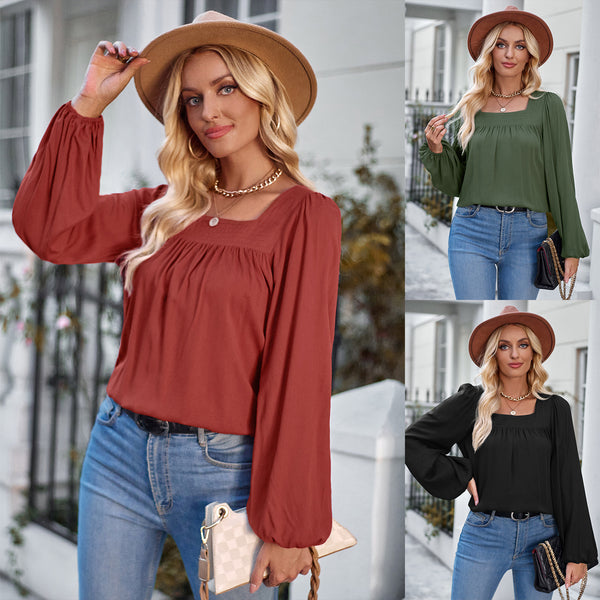 Solid Color Square Collar Slim Fit Long-sleeved Versatile Top-Blouses & Shirts-Zishirts