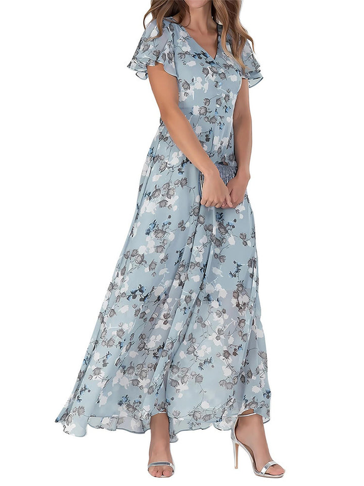 Women's Short Sleeve Printed Chiffon Dress-Lady Dresses-Zishirts