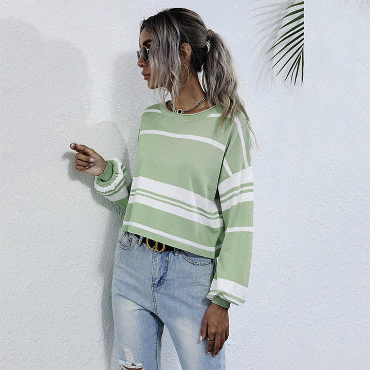 Crew-neck Striped Bottomed Knit Sweater For Women-Sweaters-Zishirts