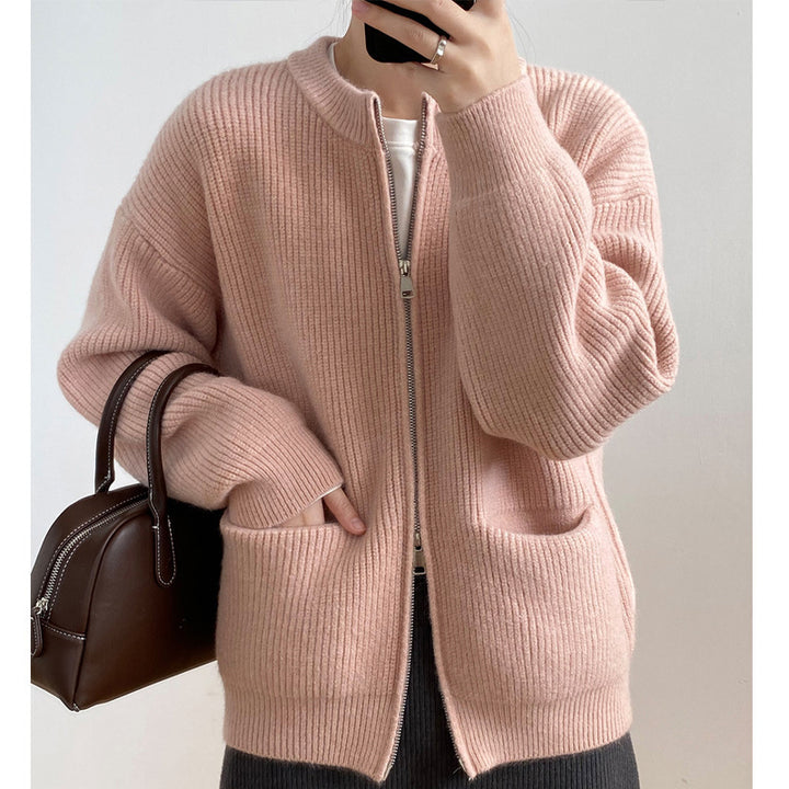 Autumn Solid Color Double Zipper Knitted Cardigan Women's Sweater-Sweaters-Zishirts