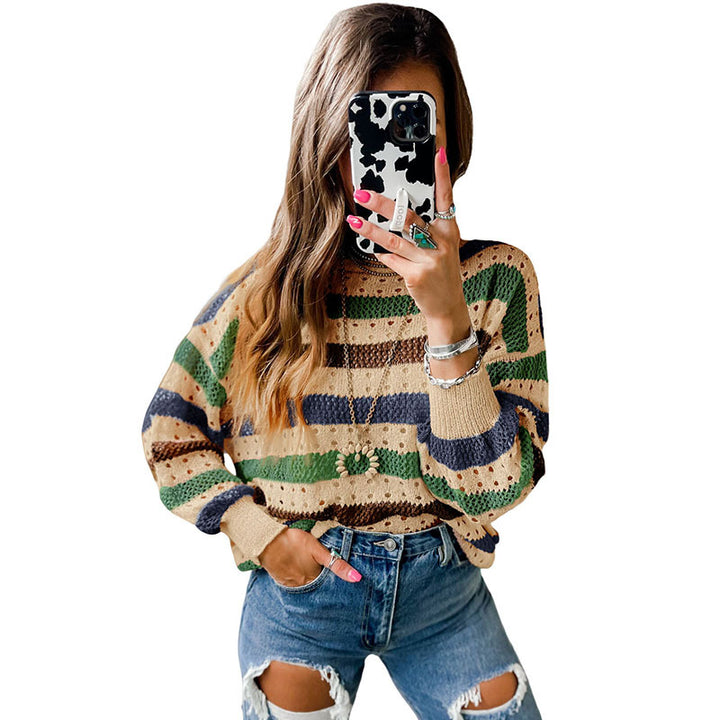 Leisure Personality Stitching Striped Round Neck Sweater-Sweaters-Zishirts