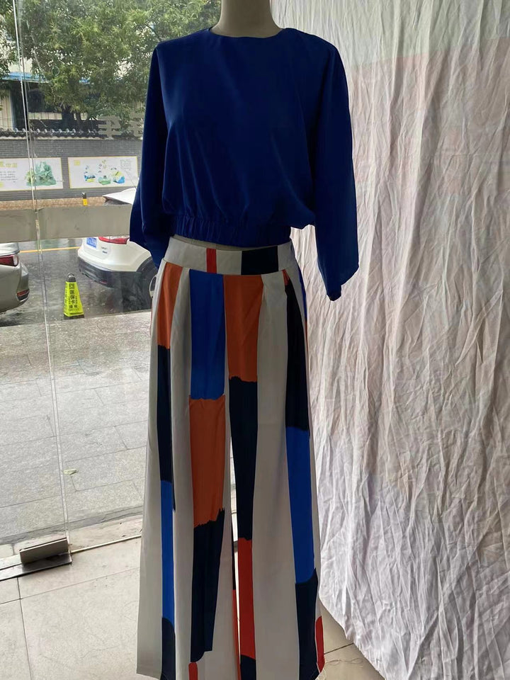 Blue Top High Waist Wide Leg Pants Suit-Suits & Sets-Zishirts